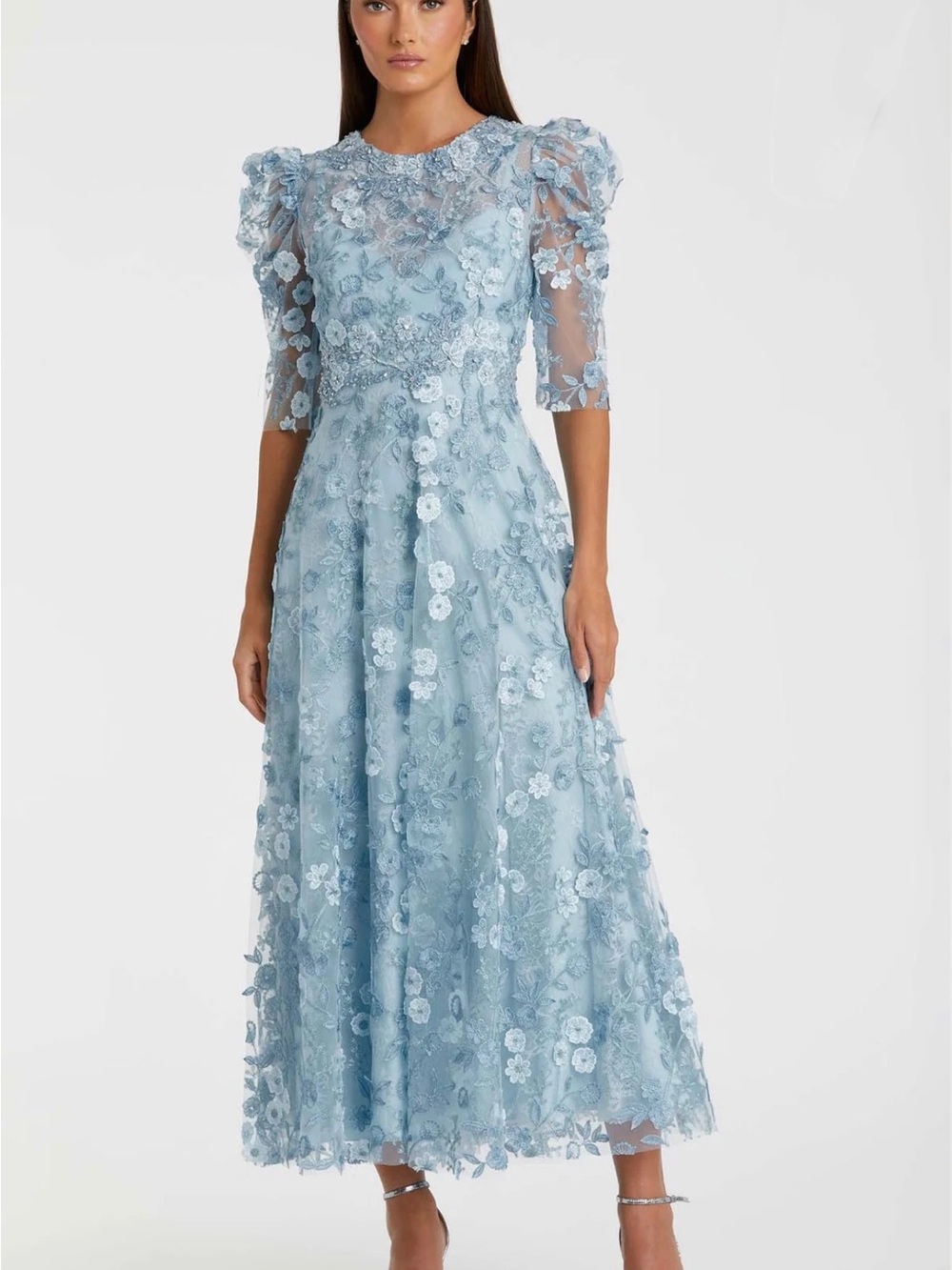 Mac Duggal Floral Appliqué Puff-Sleeve Maxi Dress size 10